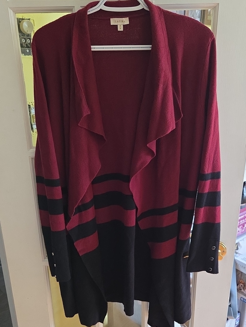 Laura Open-Front Burgundy and Black Striped Women's Cardigan